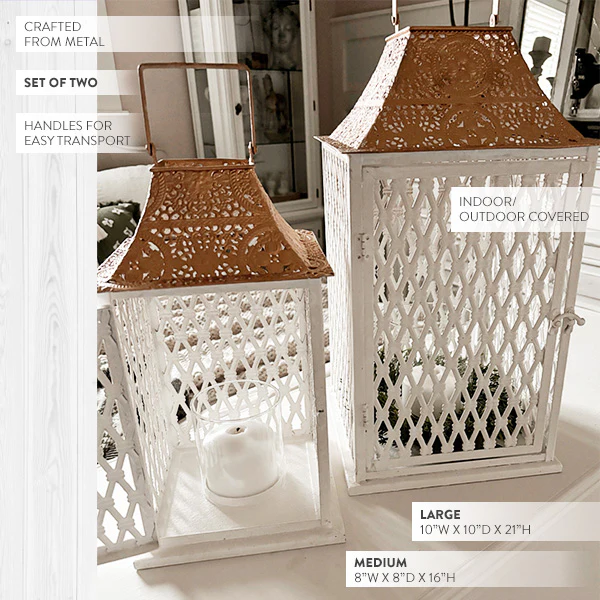Large Ornate Caged Metal Candle Lanterns, Set of 2