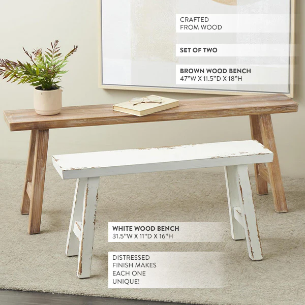 Distressed Antique Inspired Wooden Bench, Set of Two