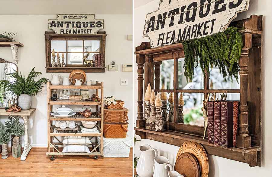 Spindle Window Frame Mirror with Shelves