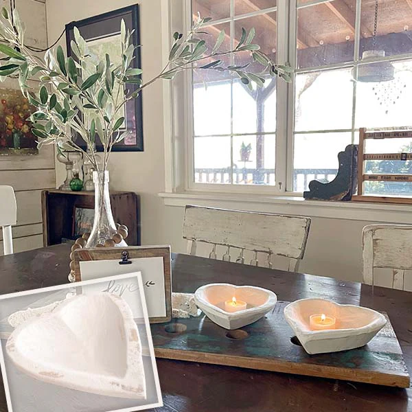 Whitewashed Heart Shaped Dough Bowls, Set of 2
