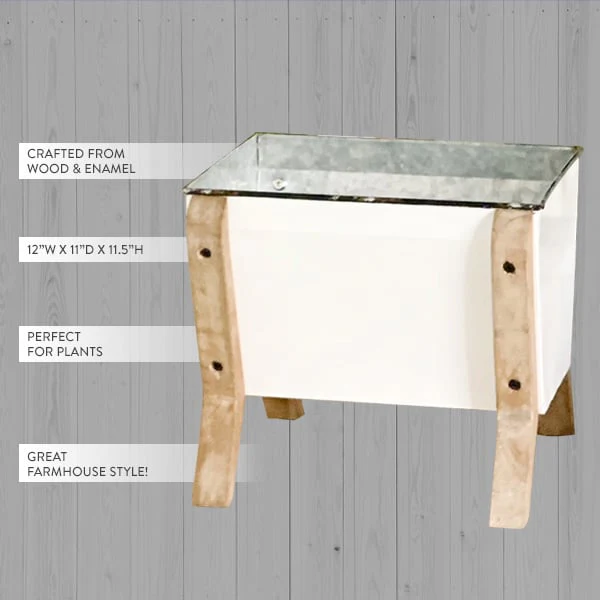 Vintage Inspired Farmhouse Enamel Planter with Wood Stand
