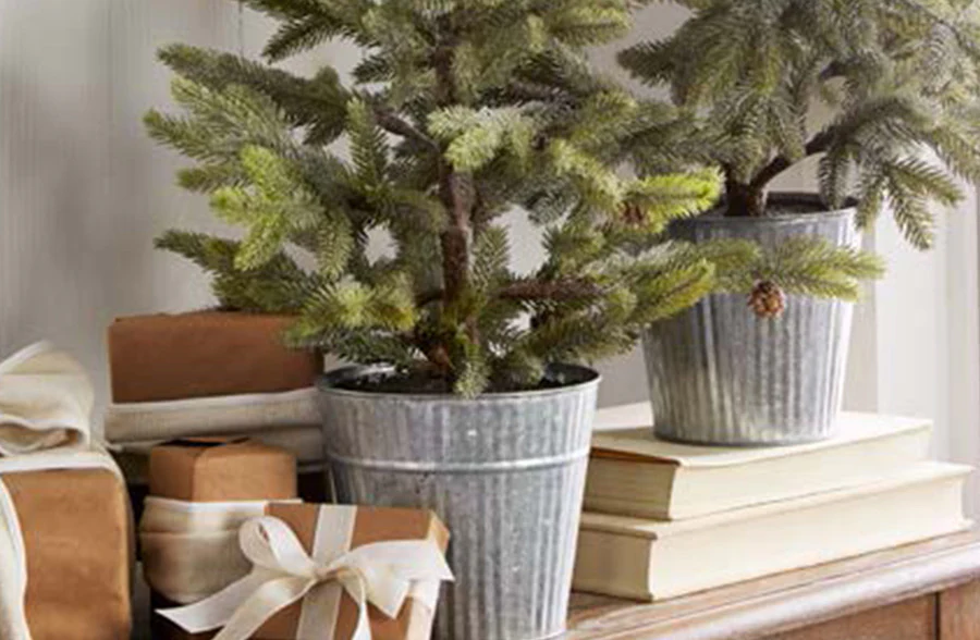 Iced Pine Tree in Galvanized Bucket