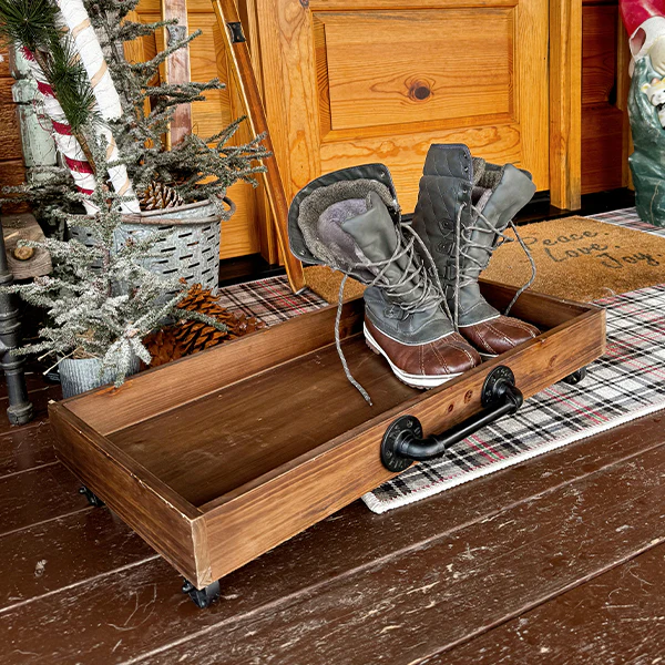 Rustic Wooden Shoe Tray With Wheels