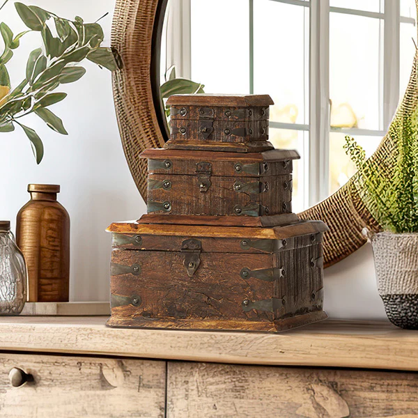 Reclaimed Wood Trunk Containers, Set of 3
