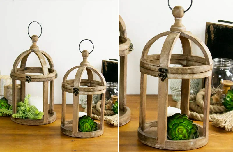 Rustic Pillar Style Wood Lanterns  Set of 2