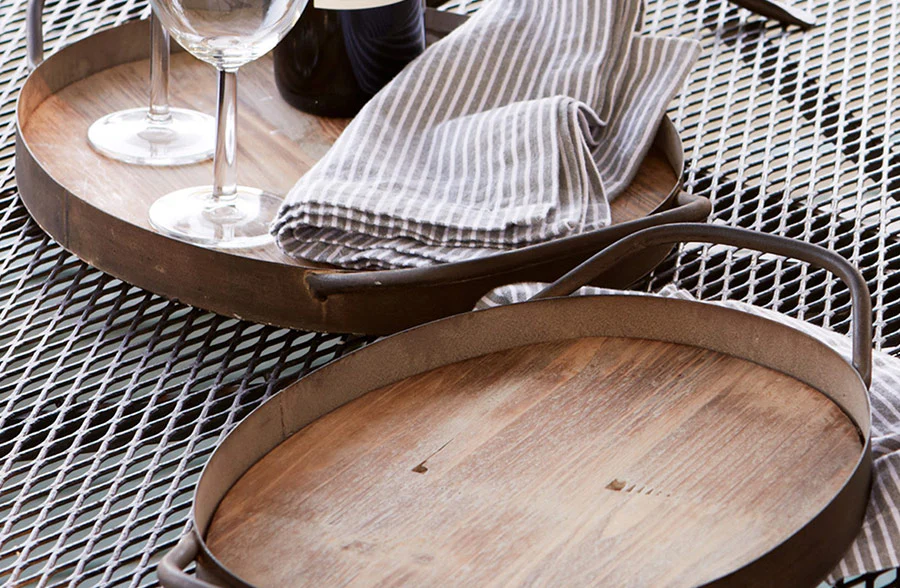 Wood Trays With Metal Handles, Set of 2