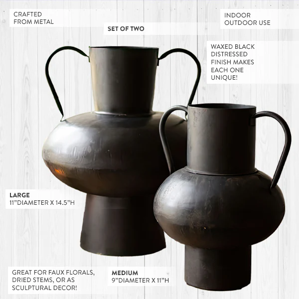 Waxed Metal Black Urn Vases, Set of 2