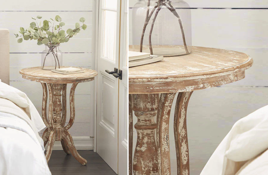 Traditional Whitewashed Round Wooden Accent Table