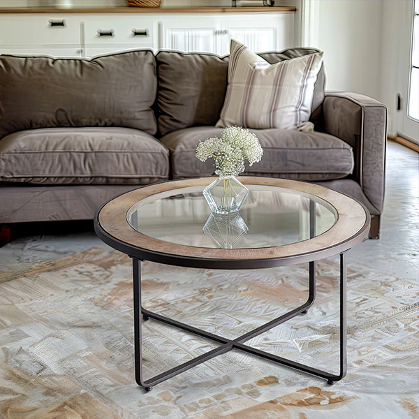 Wood and Glass Industrial Round Coffee Table