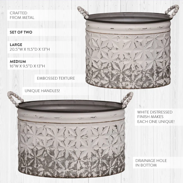 Distressed Metal White Planters with Handles, Set of 2
