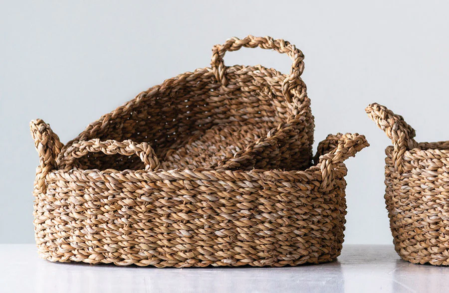 Woven Seagrass Baskets with Handles, Set of 3