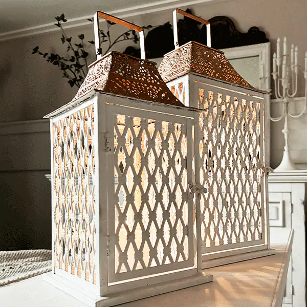 Large Ornate Caged Metal Candle Lanterns, Set of 2