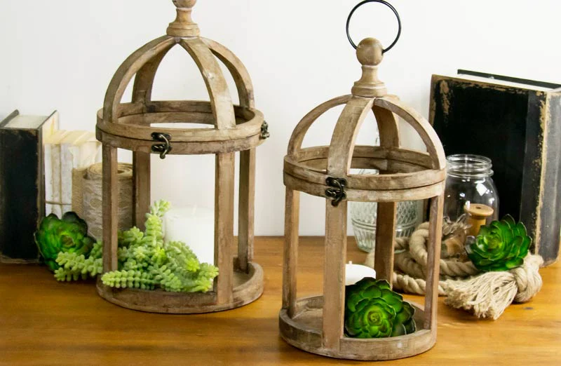 Rustic Pillar Style Wood Lanterns  Set of 2