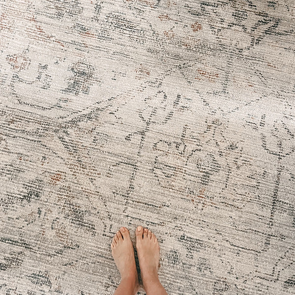 Damask Off White & Blue Area Rug