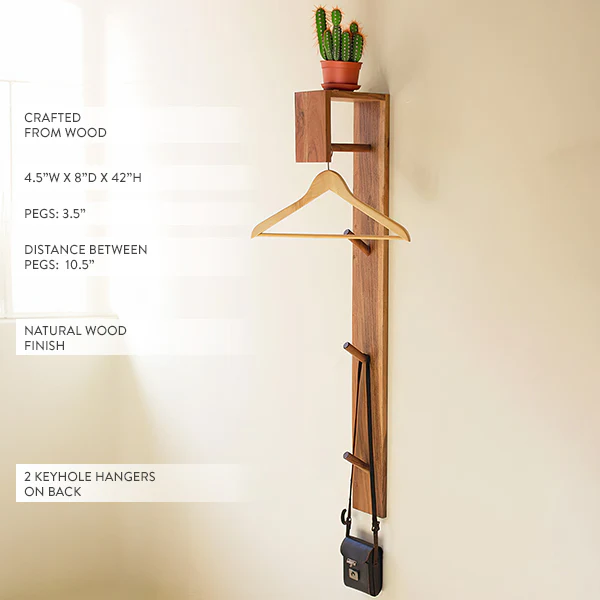 Natural Wood and Metal Wall Mounted Coat Rack