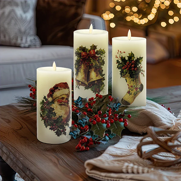 Christmas Decal LED Candles, Set of 3