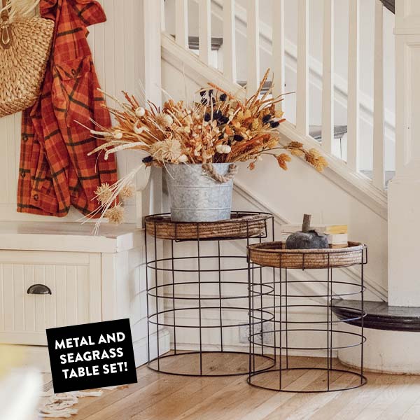 Metal End Tables with Seagrass Trays, Set of 2