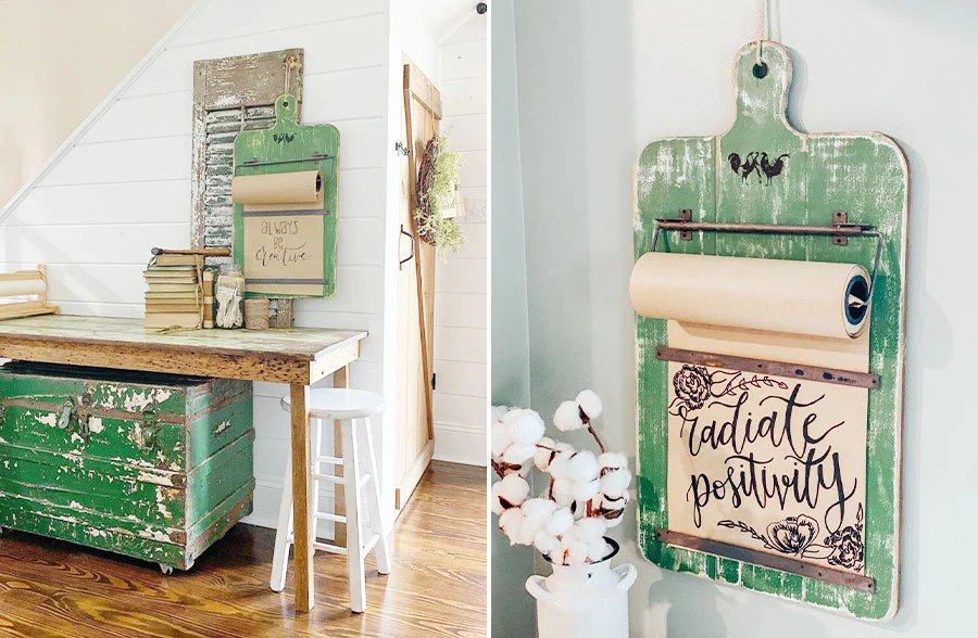 Distressed Green Cutting Board Hanging Note Roll