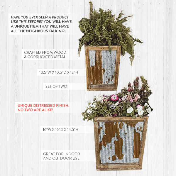 Distressed Corrugated Metal and Wood Planters, Set of 2