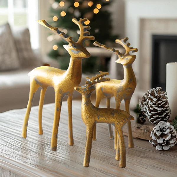 Weathered Golden Merry Reindeer Figurines, Set of Three