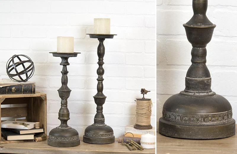 HUGE Antiqued Finish Candle Sticks  Set of 2