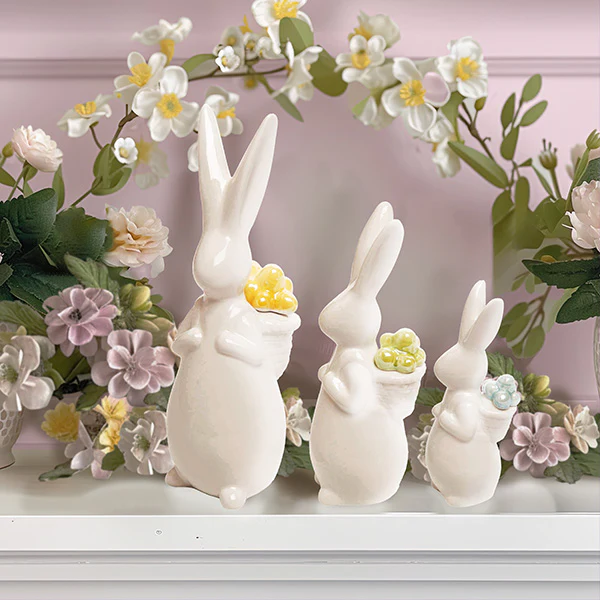 Porcelain Easter Bunnies with Egg Backpacks, Set of 3