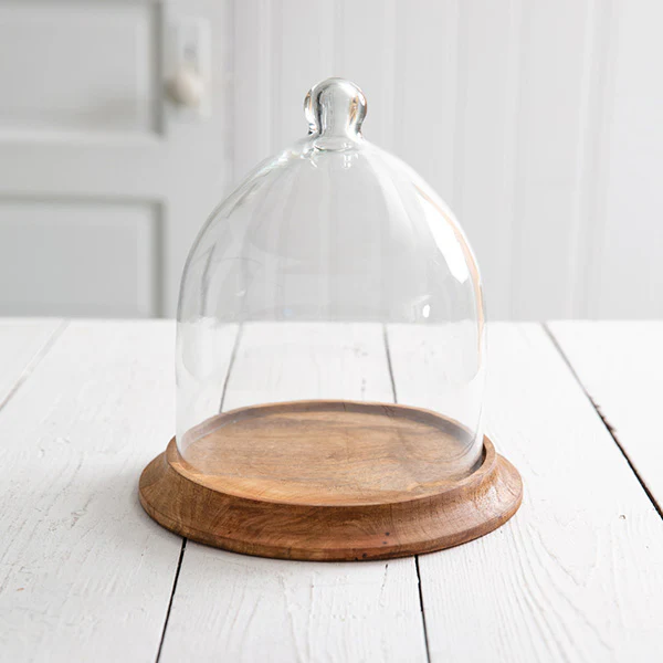 Oversized Glass Bell Shaped Cloche with Wood Base, Pick Your Size