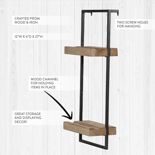 2 Tier Iron and Wood Wall Shelf