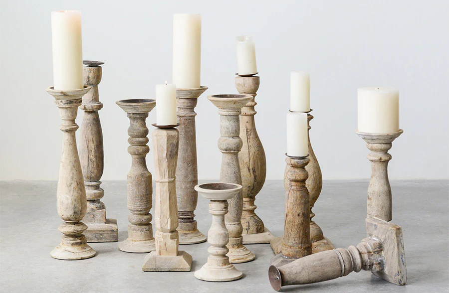 FOUND ITEM | Carved Wooden Candlesticks, Set of 6 Styles