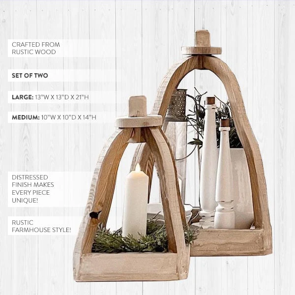 Rustic Wood Cloche Inspired Lanterns, Set of 2