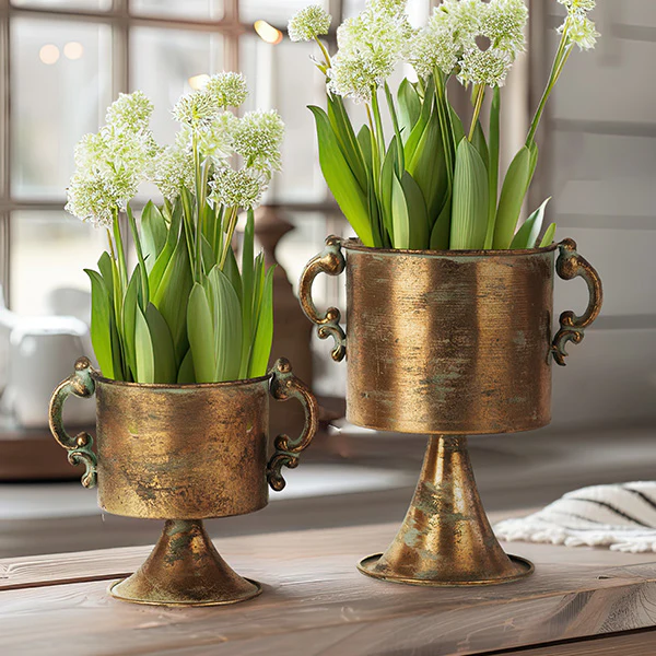 Antique Copper Finish Planter Urns, Set of 2