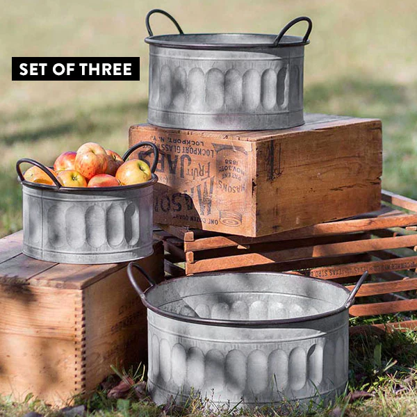 Large Galvanized Apple Baskets, Set of 3