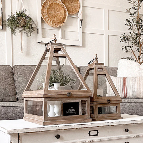 Wood Lantern Terrariums, Set of 2