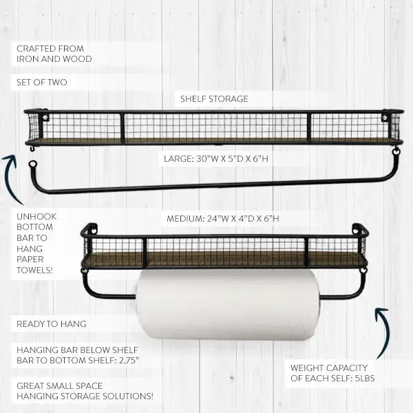 Oversized Metal and Wood Shelves with Removable Hanging Bar, Set of 2