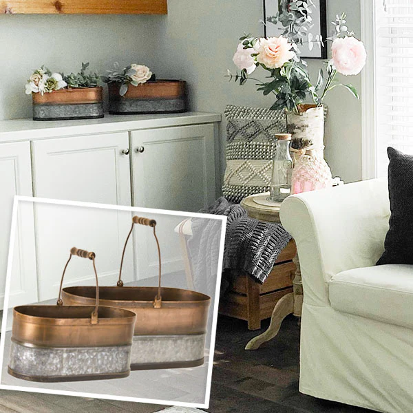 Galvanized and Copper Finish Two-Toned Pails, Set of 2
