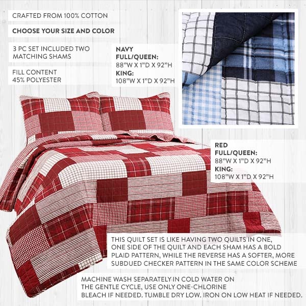 REVERSIBLE Christmas Quilt-Inspired Bedding 3 Piece Set, Pick Your Size