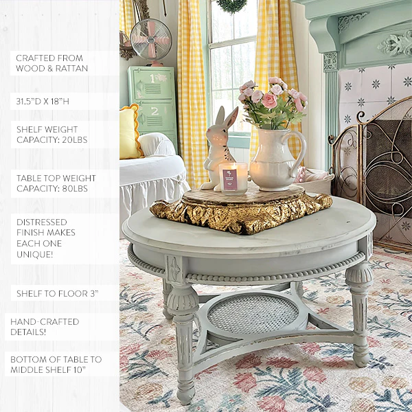 Distressed Round Wood Coffee Table with Shelf