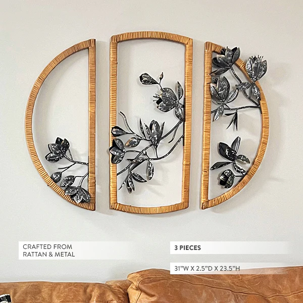 Three Piece Semicircular Metallic Floral Rattan Framed Wall Art