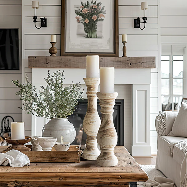 Oversized Chunky Carved Candle Pillars, Set of 2