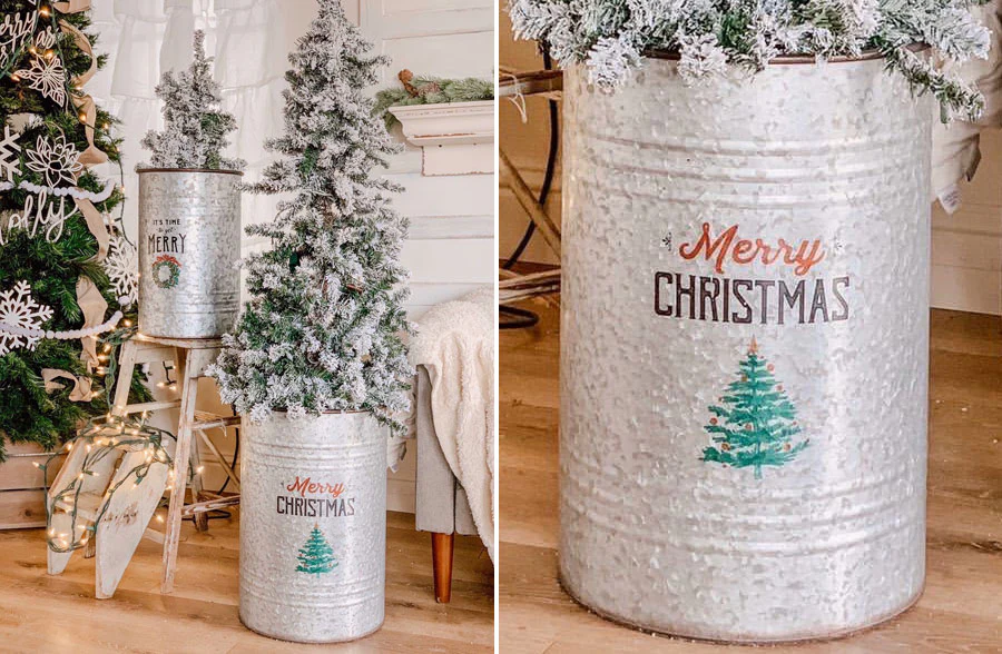 Galvanized Metal Drum Christmas Bins With Lids, Set of 2