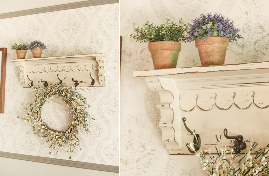 Distressed Scalloped Wall Shelf with Hooks