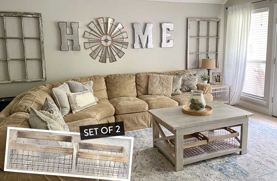 Wooden Framed Wire Baskets, Set of 2