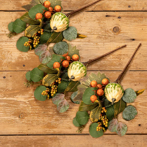 Lifelike Mixed Foliage Pick with Pumpkin and Berries, Set of 3