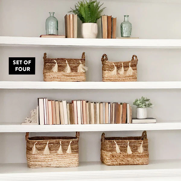 Woven Banana Leaf Baskets with Tassels, Set of 4