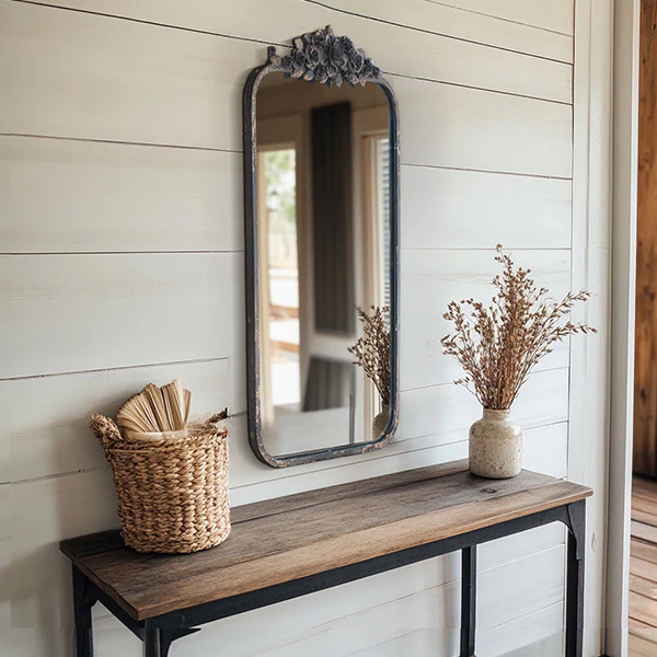 Antique Inspired Rectangular Metal Mirror with Flowers