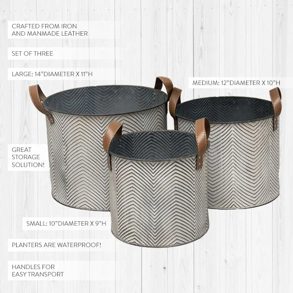 Oversized Textured Chevron Planters with Leather Straps, Set of 3