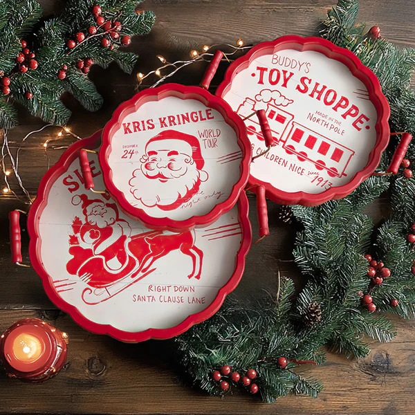 Vintage Inspired Festive Christmas Trays with Handles, Set of Three