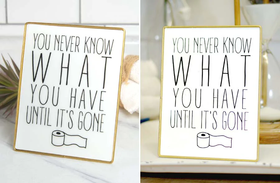 Gold Framed Bathroom Sign on Stand