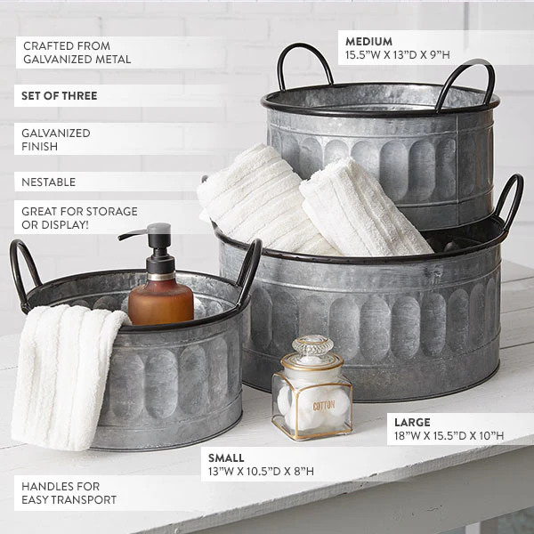 Large Galvanized Apple Baskets, Set of 3