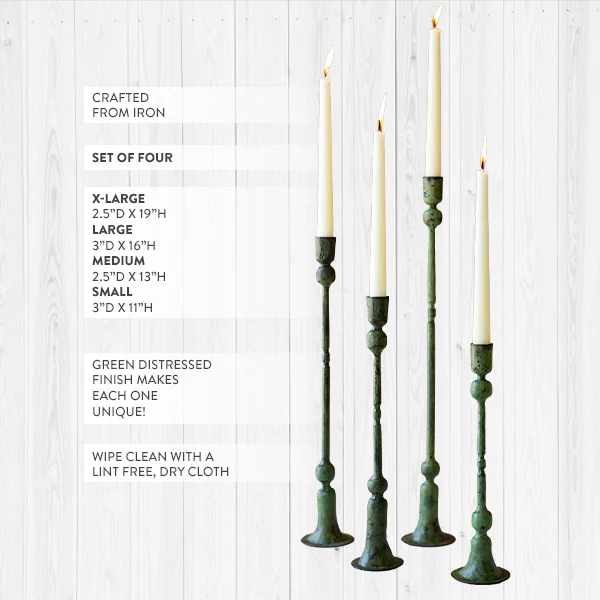 Forged Iron Taper Candle Holders with Green Patina, Set of Four